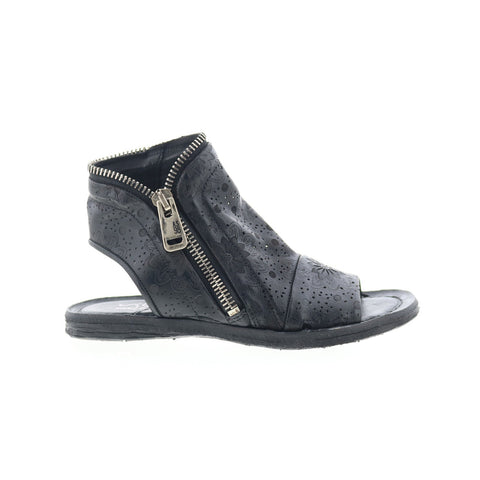 A.S. 98 Ritchie Floral Womens Black Leather Zipper Mule Flats Shoes