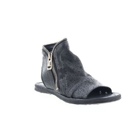 A.S. 98 Ritchie Floral Womens Black Leather Zipper Mule Flats Shoes