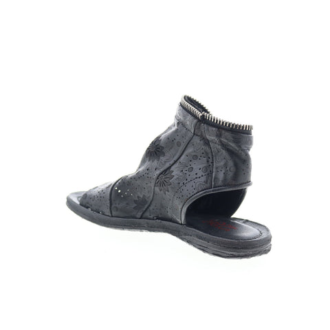 A.S. 98 Ritchie Floral Womens Black Leather Zipper Mule Flats Shoes